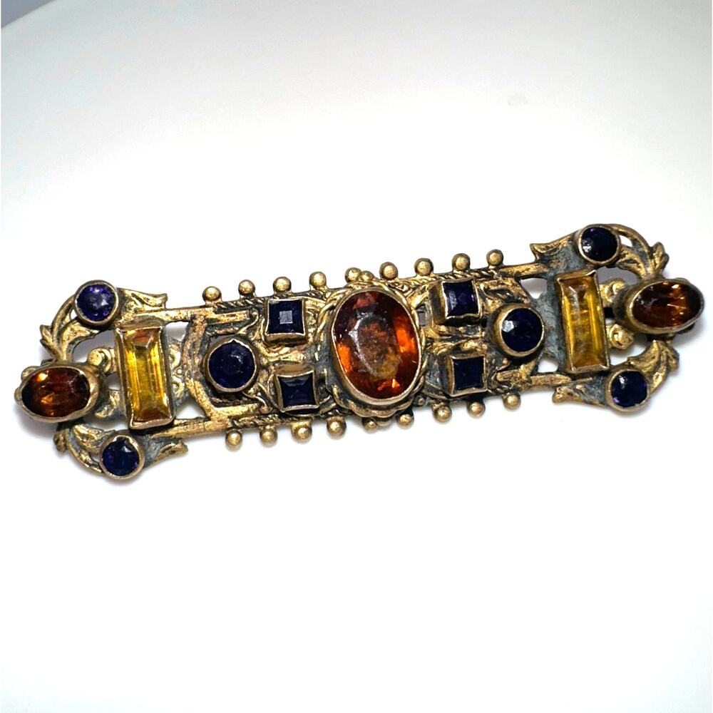 Antique 1800s gold gilt multicolor glass gems Etruscan Revival bar pin brooch